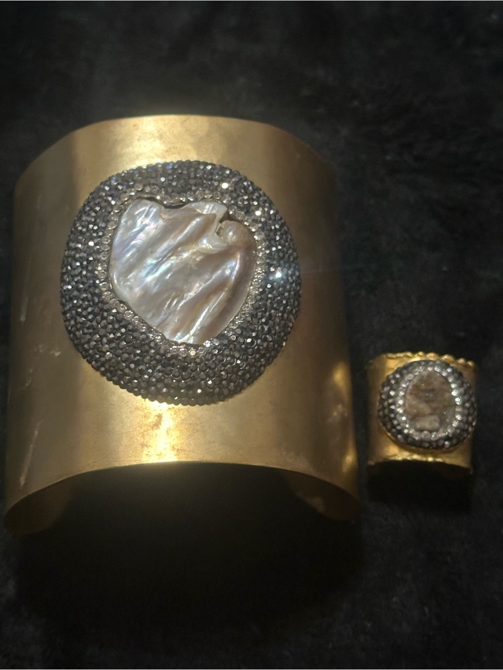 Gold Cuff Bracelet with Iridescent Mother-of-Pearl and Crystal Accent